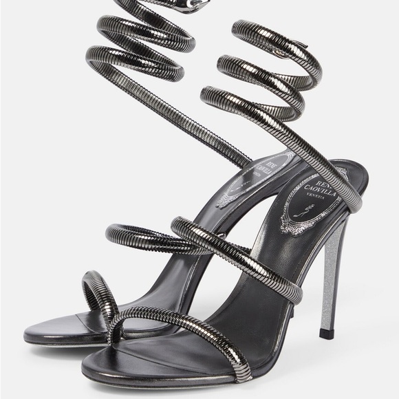 Rene Caovilla Cleo Snake Jeweled Juniper Elegant Black Leather Spiral Heels - Picture 3 of 7